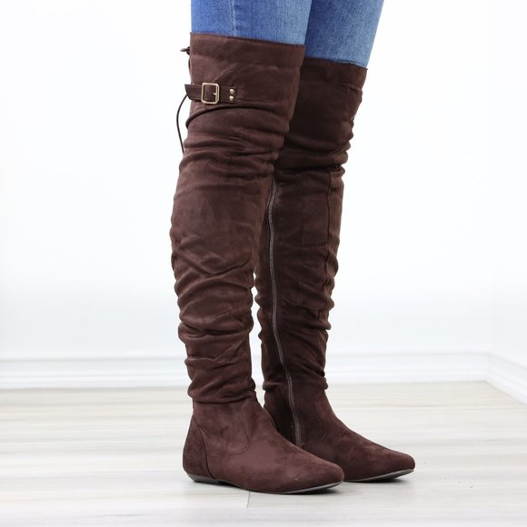 Brown Thigh High Over The Knee Flat Boots Faux Suede Laced Back - Picture 3 of 14